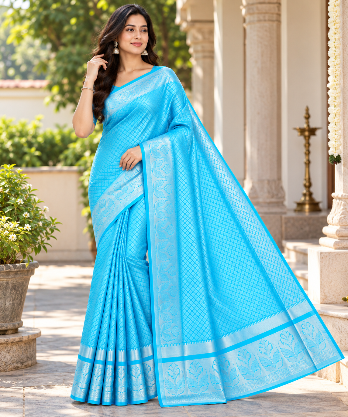 Sky Blue Woven Silk Saree with Floral Zari Border