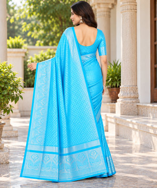 Sky Blue Woven Silk Saree with Floral Zari Border