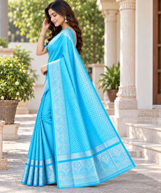 Sky Blue Woven Silk Saree with Floral Zari Border