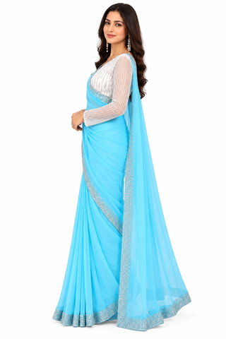 Women’s Sky Blue Shimmer Saree with Silver Embellished Border & Designer Blouse