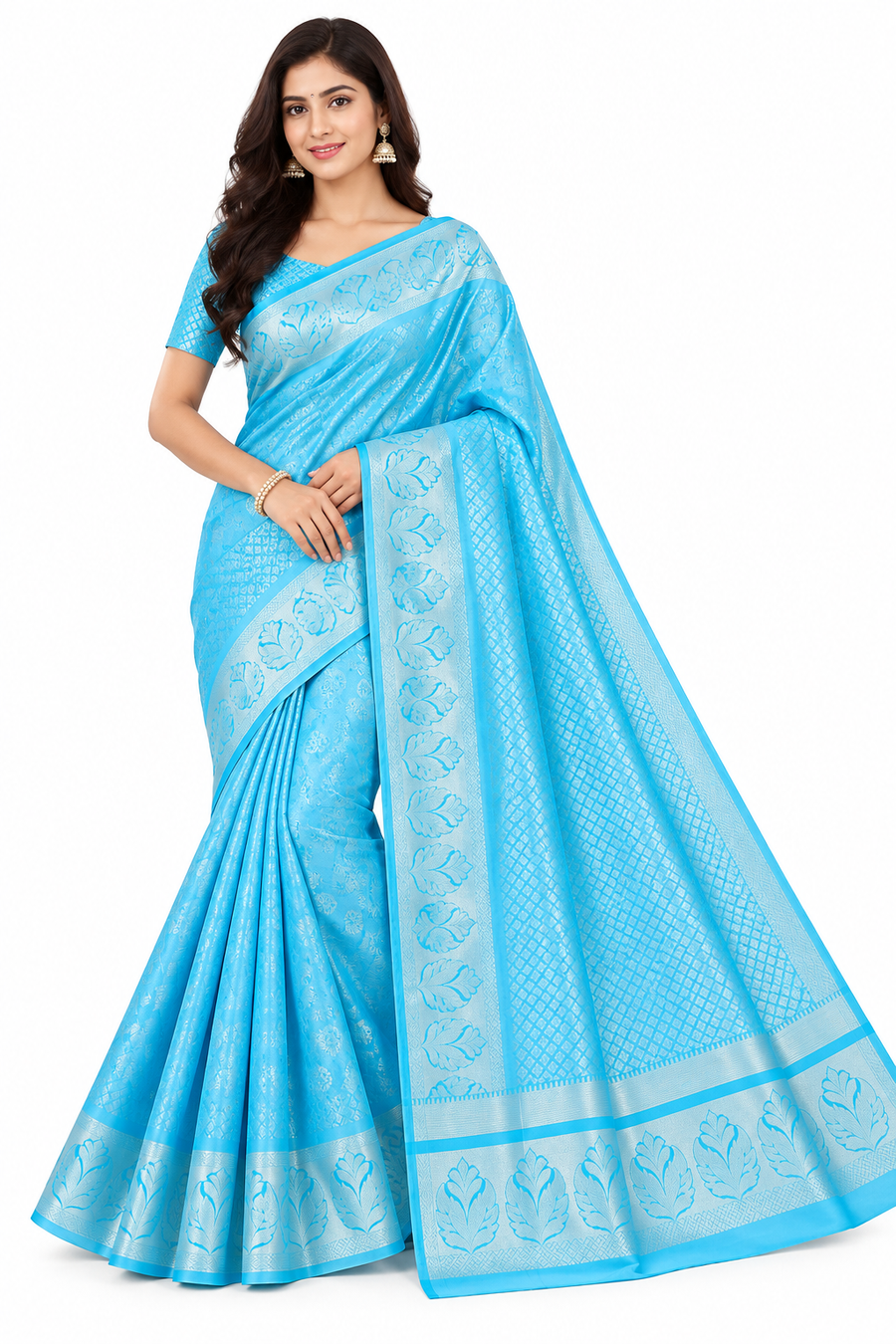Sky Blue Woven Silk Saree with Floral Zari Border