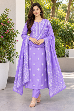 Lavender Embroidered Kurta Set with Dupatta