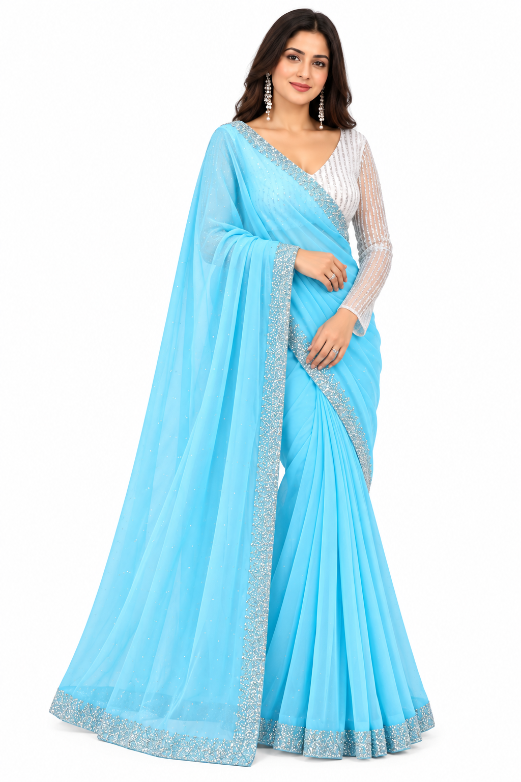Women’s Sky Blue Shimmer Saree with Silver Embellished Border & Designer Blouse