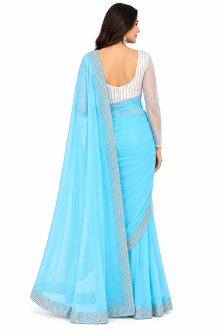 Women’s Sky Blue Shimmer Saree with Silver Embellished Border & Designer Blouse